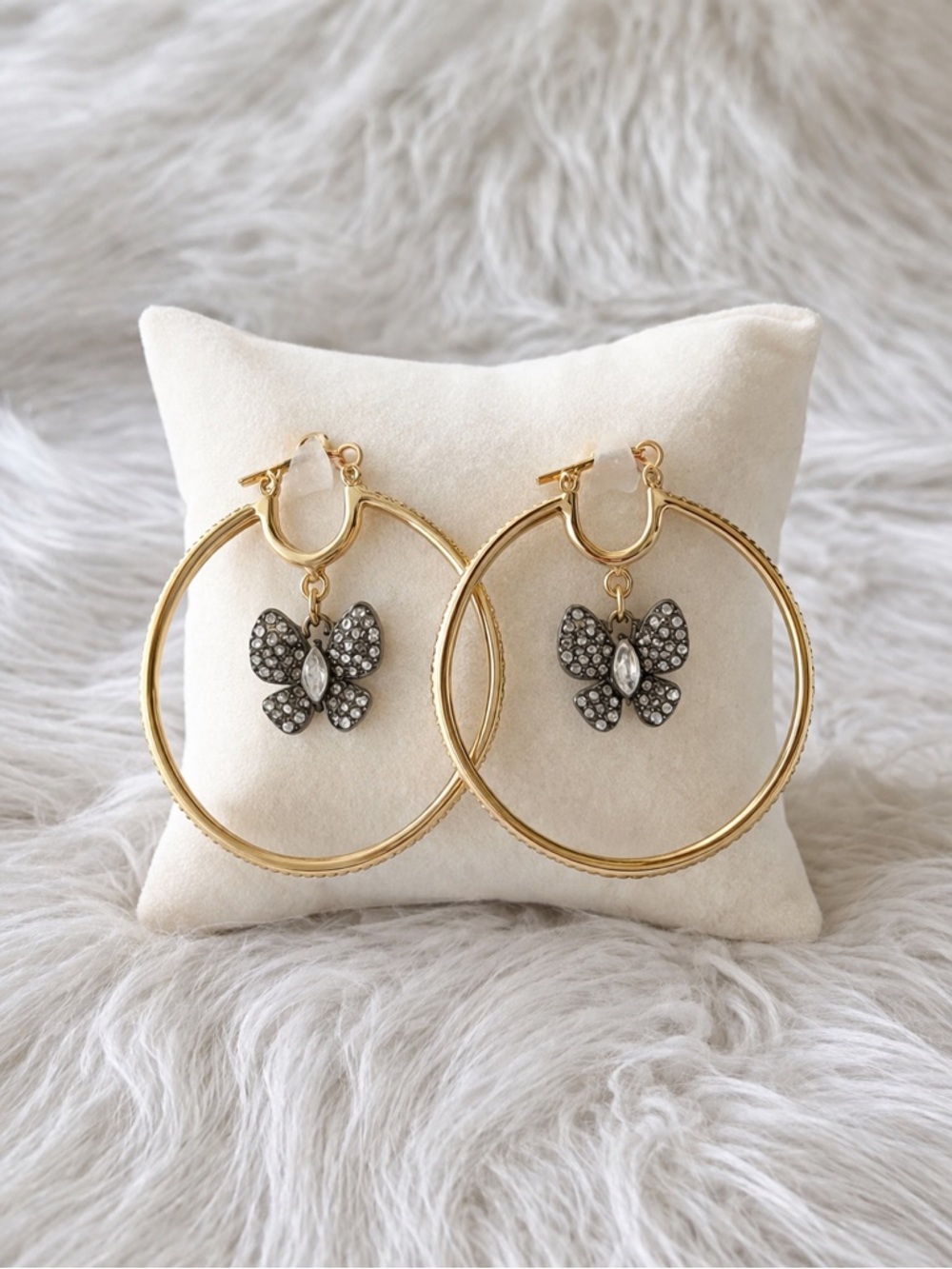 Betsey Johnson Butterfly Rhinestone Hoop Earrings Gold Tone Black Crystal